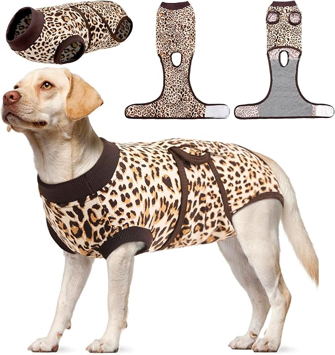 Kuoser Dog Surgery Suit, Comfy Dog Recovery Suit Female Doggie Onesie for Surgery, Post-Op Onesie for Female & Male Dogs, Soft Protective Wear, BrownLeopard XL