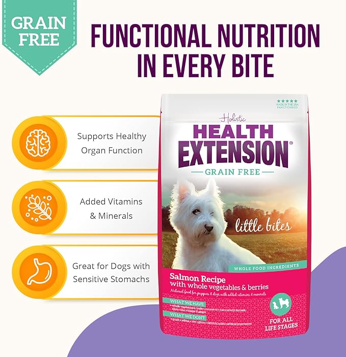 Health Extension Grain Free Salmon Little Bites (12 lb / 5.44 kg) - Whole Foods Ingredients Formula with Omega 3 & Probiotics for All Life Stages Dogs