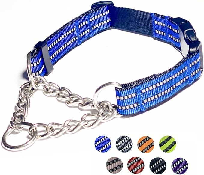Martingale Dog Collars, Reflective Nylon Collar with Stainless Steel Chain, Adjustable Walking Training Dog Collars with Quick Release Buckle, Suitable for Small Medium Large Dogs(Blue,L)