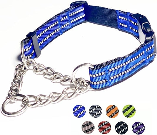 Martingale Dog Collars, Reflective Nylon Collar with Stainless Steel Chain, Adjustable Walking Training Dog Collars with Quick Release Buckle, Suitable for Small Medium Large Dogs(Blue,L)
