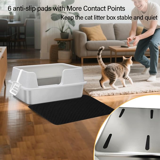 Medium Low Entry Enclosed Stainless Steel Cat Litter Box with lid Scoop and Pads Easy Clean Kitten Kitty White Metal Litter Box