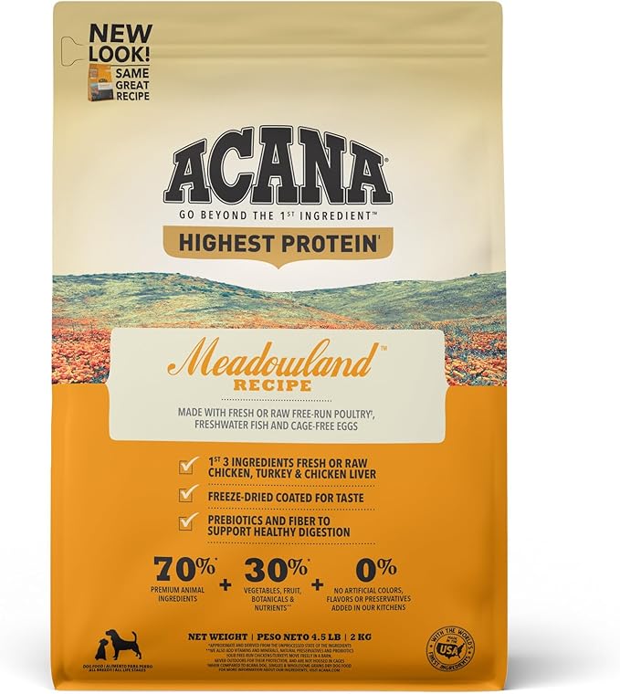 ACANA Highest Protein Grain Free Dry Dog Food Meadowlands Recipe 4.5lb Bag