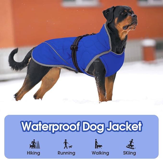IDOMIK Dog Winter Jacket, Adjustable Waterproof Dog Warm Coat with Fleece Lining, Turtleneck Windproof Cold Weather Coats for Winter, Reflective Warm Snow Jacket for Great Dane Rottweiler,Blue,3XL