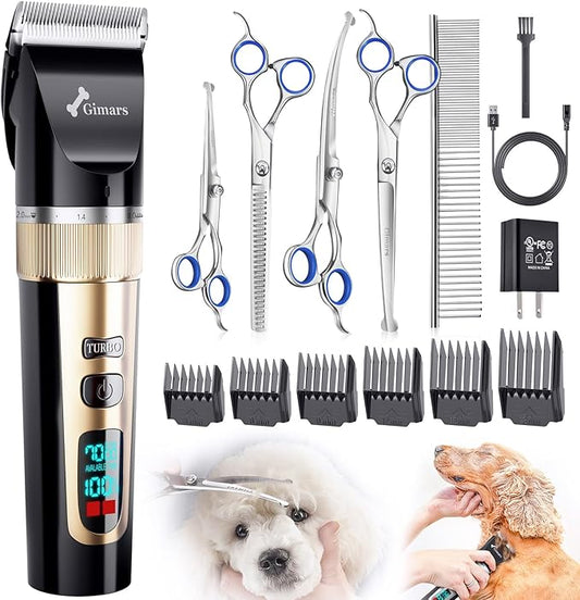 Gimars Cordless 4 Speed 7000rpm Dog Clippers with 6 in 1 4CR Stainless Steel Dog Grooming Scissors Kits, Low Noise 55db Rechargeable Pet Hair Thick Coat Trimmer Cat Shaver Clippers Kit for Cat Pet