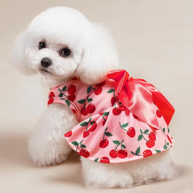 PUPTECK Print Dog Dress Pet Apparel with Cute Bowtie Puppy Clothes Outfit, Cherry, L