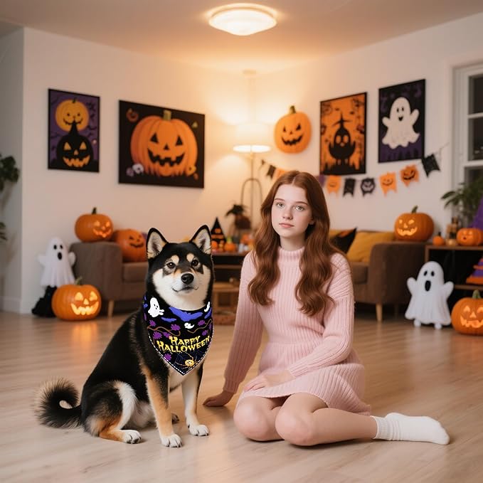 7 Pcs Holiday Dog Bandanas for Small Dogs Hemming Seam Edge Holiday Dogs Bandanas Medium Puppy Halloween Scarfs Large Cats Grooming M