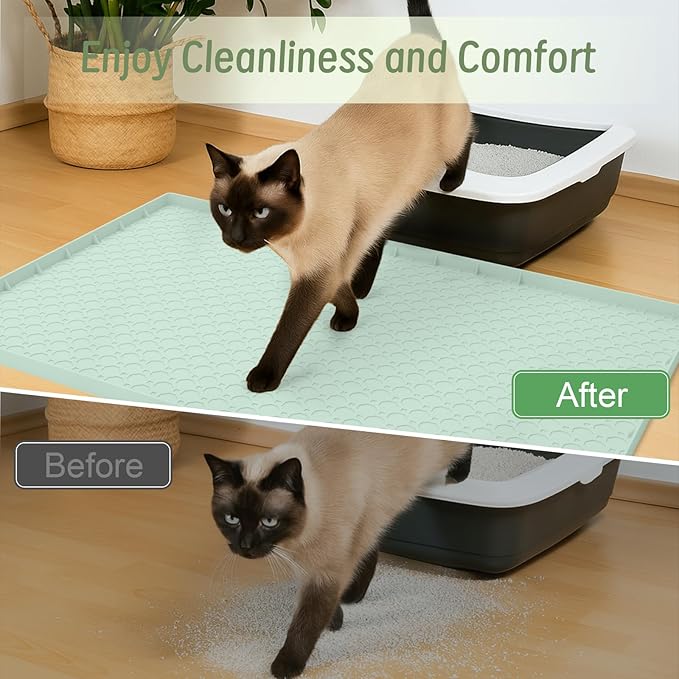 34"x22" Litter Mats Extra Large Easy Clean, Cat Litter Mat Large, Silicone Dog or Cats Feeding mat Waterproof, Cat Litter Mats for Indoor Cats, Green