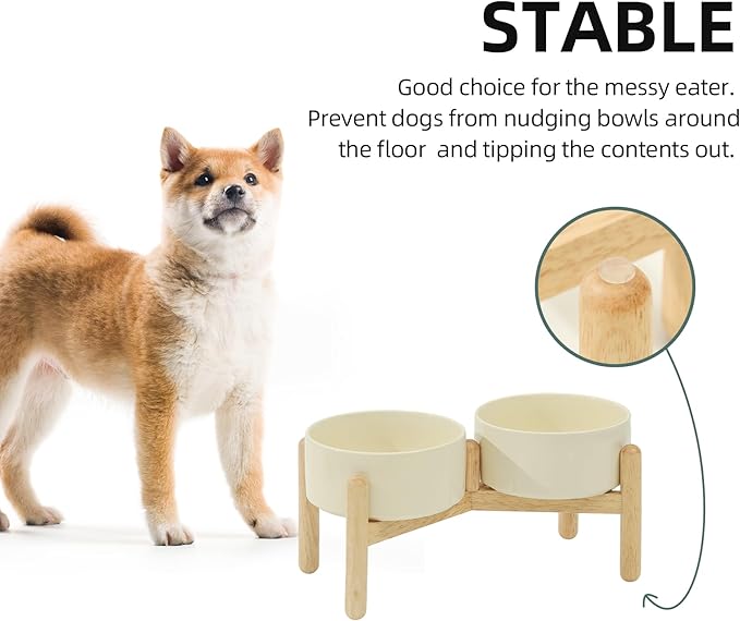Ceramic 6.1inch Raised Dog Bowl with Stand for Small and Medium Breed Dog Dish Pet Food and Water Bowl (Double Bowl with Stand - Beige, 28oz)