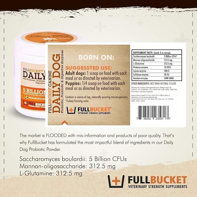 FullBucket Daily Dog Probiotic 30 Servings - Support Natural Digestion, Treat & Prevent Diarrhea - Probiotics, Prebiotics & Digestive Enzymes All in One Tasty Probiotic Powder for Dogs