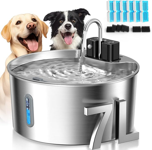 Dog Water Fountain,Wireless Stainless Steel Dog Fountain for Small to Large Dogs,1.8Gal/7L Battery Operated Cat Water Fountain,Water Level Window,Quiet Pump,Multi-Filtration,Easy Clean,6 Filter