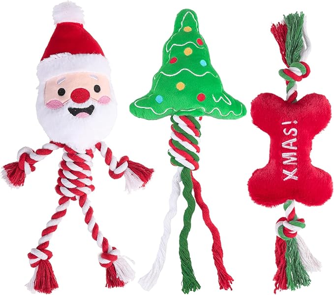 PUPTECK Christmas Dog Squeaky Chew Toys - 3 PCS Funny Santa Plush Stuffed Toys for Puppy Pet Tugging Playing