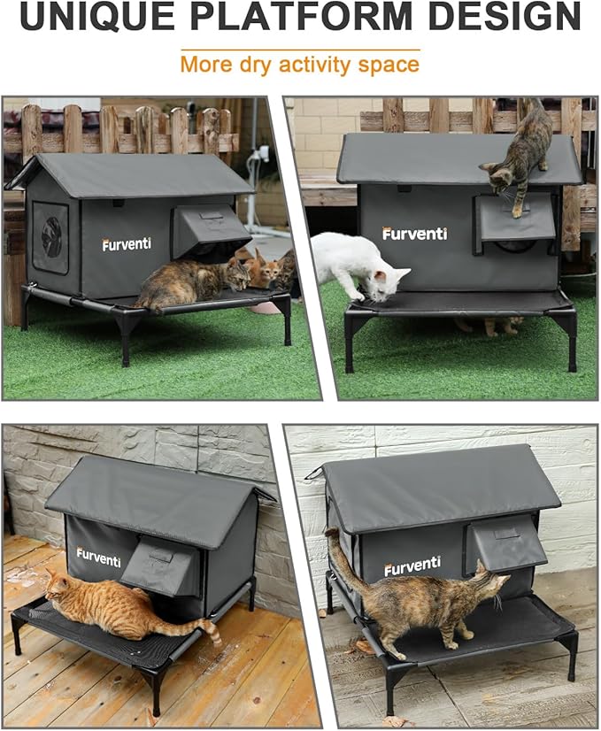 Heated Cat House for Outside,More Platform Space,Extremely Weatherproof & Insulated in Winter,Elevated Outdoor Cat Shelter with Eaves & Escape Door for Barn Feral Stray Cat(Dull Grey,Small)