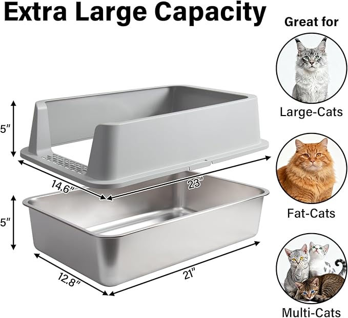 2 Pack Stainless Steel Cat Litter Box with Lid,XL Extra Large Litterox for Big Cats with High Sided,Non-Sticky,Easy Cleaning, Include Litter Mat & Scoop,23x14.6x9.9in