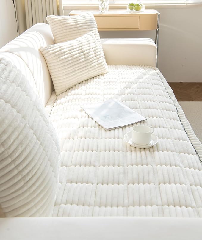 Faux Fur Plush Dog Couch Cover 3D Stripe Fuzzy Sofa Cover Non-Slip Fluffy Dog Bed Cover Pet Blanket Sofa Couch Furniture Protector for Puppy Large Dog Cat (Cream,31"x47")