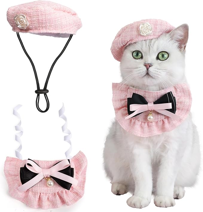 HOWWFALY 2PCS Cat Beret Hat with Small Camellia, Adjustable Satin Bowtie Bandana Scarf Set Pet Princess Costume for Halloween Christmas, Cat Dog Birthday Party Apparel (Pink Bow)