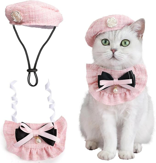 HOWWFALY 2PCS Cat Beret Hat with Small Camellia, Adjustable Satin Bowtie Bandana Scarf Set Pet Princess Costume for Halloween Christmas, Cat Dog Birthday Party Apparel (Pink Bow)