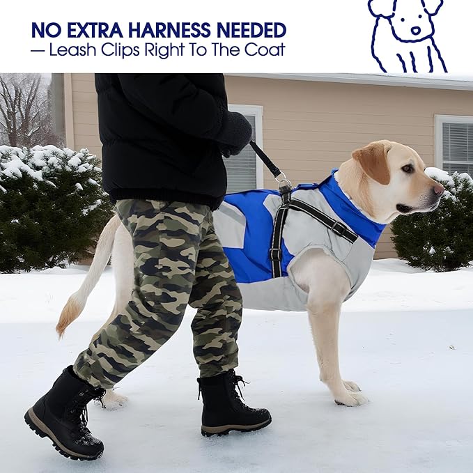 FUAMEY Dog Winter Jackets for Large Dogs,Dog Coat with Harness Built in,Waterproof Dogs Snowsuits Warm Pet Jacket Zip Up Fleece Cold Weather Coats Reflective Puppy Vest with Pocket Blue 3XL