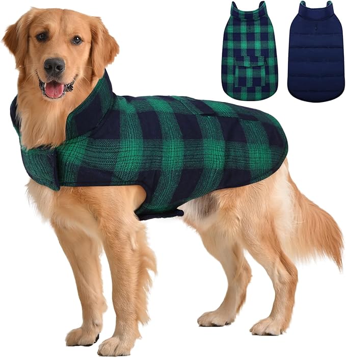 Kuoser Reversible Winter Coat, British Style Jacket for Medium and Large Dogs - Warm Windproof Puppy Cold Weather Clothes Vest, Green L