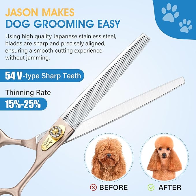 JASON 7.5" Dog Grooming Scissors - Professional Thinning Shear with 54 Teeth Japanese 440C Stainless Steel Blender Scissor for Dogs, Cats and Other Animals