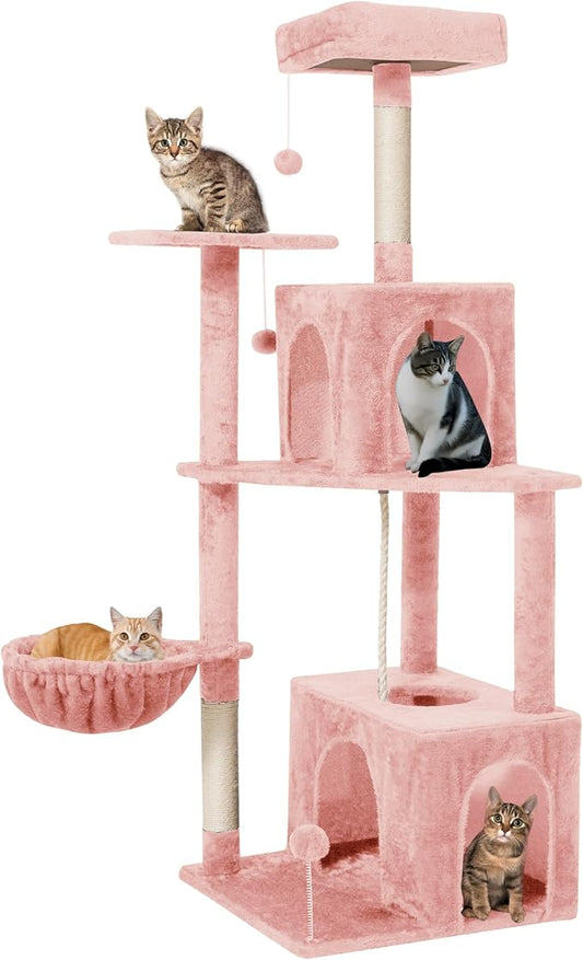 Cat Tree, 54-Inch Cat Tower for Indoor Cats,Plush Multi-Level Cat Condo with Scratching Posts, Basket, Perches,2 Caves,2 Pompoms(Pink)