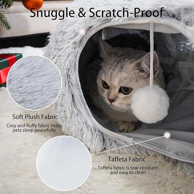 Cat Tunnel Bed for Indoor Cats, Donut Tunnel Toys for Multiple & Large Cats, Under Christmas Tree Skirt, Bed Cave Hideaway for Kitten, Rabbit, Puppy, Gray