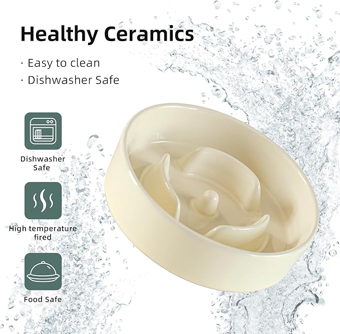 6.1inch Ceramic Raised Dog Slow Feeder Set, Elevated Bowl with Wooden Stand for Small Dog and Cat, Puzzle Slow Dog Food Dish, Anti-Gulping(Beige, Single Bowl+ Stand)