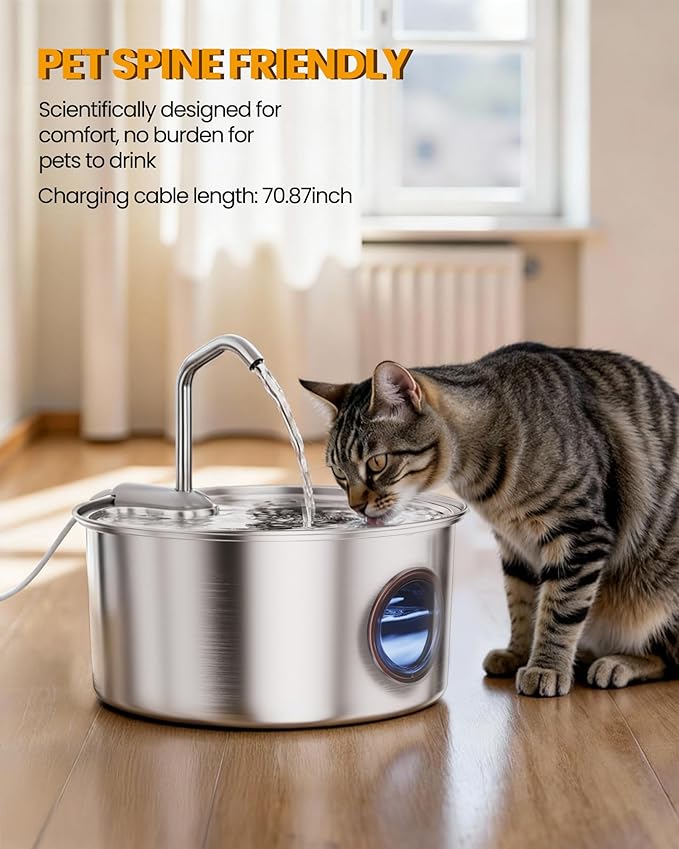 Cat Water Fountain Stainless Steel - 108oz/3.2L Automatic Cat Water Fountain for Drinking with 3 Pcs Filters, Metal Pet Water Fountain Water Dispenser for Cats, Puppy Dogs, Multiple Pets