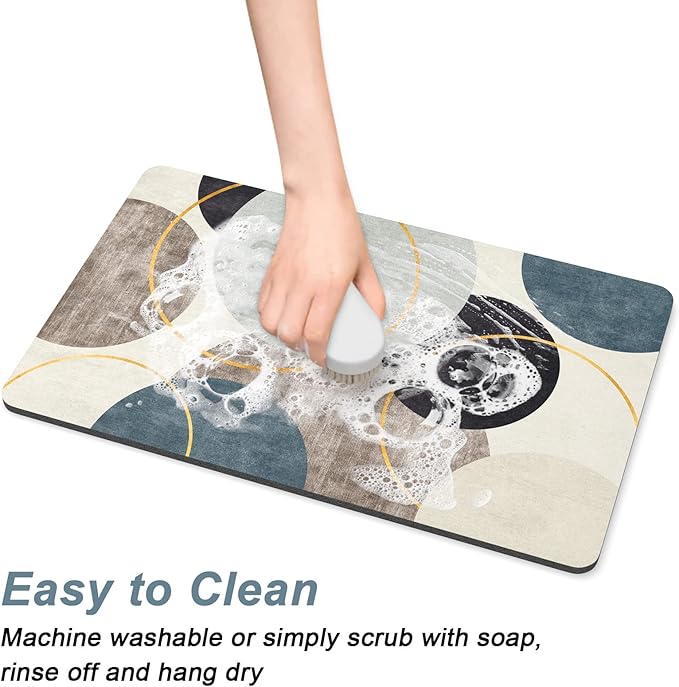 Rnivvi Dog Food Mat, 12" x 19" Boho Absorbent Dog Cat Bowl Mat for Food and Water, Cute Anti-Slip Rubber Pet Feeding Rug Protect Floors, Puppy Placemat for Feeding & Watering Supplies, Abstract Circle