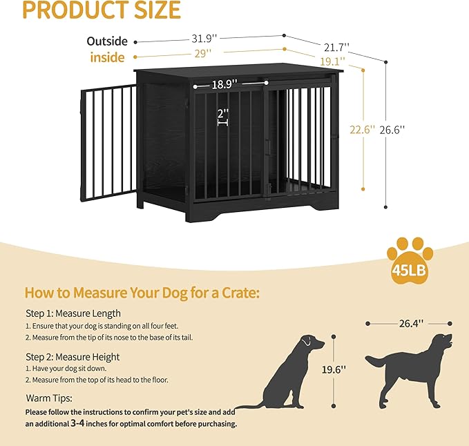 31.9" Dog Crate Furniture with Barn Door, Heavy Duty Dog Kennel Indoor with 2 Doors, Wooden Pet Cage End Table for Small Medium Dogs up to 44 lb, Anti-Chew Anti-Escape, Black DFC83604B