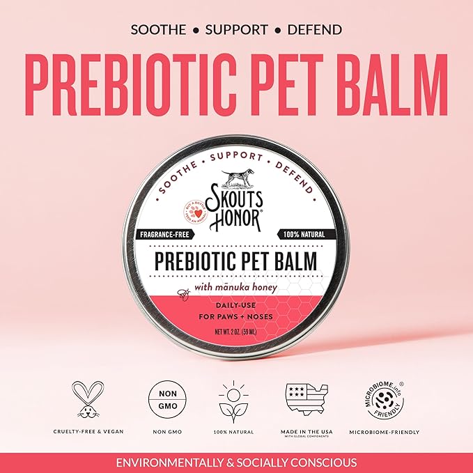 SKOUT'S HONOR Prebiotic Pet Balm - 100% Natural and Made w/Manuka Honey to Promote Healing of Your pet's paw Pads and Nose, Soothes Dry, Itchy Paws and Noses - Safe for Cats and Dogs, 0.7 oz, 3-Pack