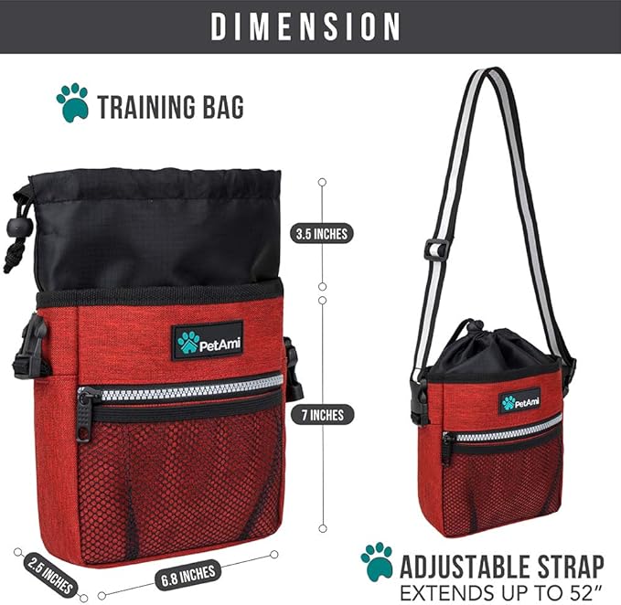 PetAmi Dog Treat Pouch, Pet Treat Pouch for Training, Dog Walking Bag Holder for Kibbles, Pet Food Toy, Dog Trainer Essentials Supplies, Poop Bag Dispenser, 3 Ways to Wear (Red)
