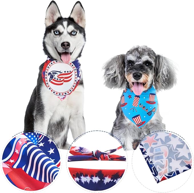 4th of July Dog Bandanas for Medium Dogs 7 Pcs Hemming Seam Edge Patriotic Dogs Bandanas Independence Day Flag Day Scarfs Small Puppy Cats Grooming M