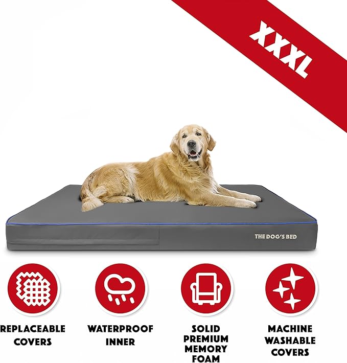 The Dog’s Bed Orthopedic Memory Foam Dog Bed, XXXL Grey/Blue, Pain Relief for Arthritis, Hip & Elbow Dysplasia, Post Surgery, Lameness, Supportive, Calming, Waterproof Washable Cover