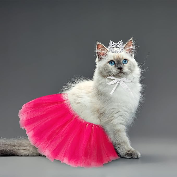 2 Pcs Dog Crown Headband Dog Tutu Dress Set Crystal Rhinestone Tiara Crown Tutu Skirt Pet Dress Costume for Puppy Birthday Party Wedding Photo Prop Costume(Small,Rose Red)