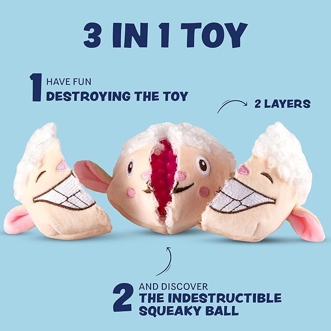 Dog Toys for Aggressive Chewers (3in1) - Squeaky Dog Toys Interactive - Dog Toys for Medium Dogs, Large & Small Breeds - Puppy Teething Chew Dog Toy - Juguetes Perros - Sheep