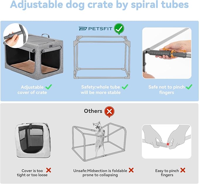 PETSFIT Collapsible Dog Crate, Soft Sided Dog Crate - 40 Inch Easy Set-up, Light, Sturdy, Comfy Inside with Thicken Mat, Portable Crate for Home and Travel Gray