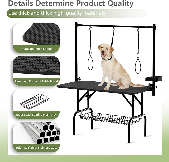 VFK 36''/47''Large Dog Grooming Table, Foldable Pet Station at Home, Dog Grooming Table,Adjustable Cat Drying Desktop with Arms, Nooses, Mesh Tray (Basic pet Table, 47" Black)
