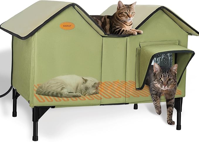 Heated Outdoor Cat House Weatherproof for Winter - Extra Large Heated Cat House for Outside, Elevated Bed, Escape Door, Fully Insulated Feral Cat Shelter for Multiple Cats Small Dogs, Easy Assembly