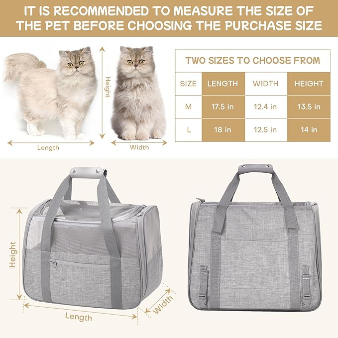 Cat Carrier Soft-Sided for Large Cats, Dog Carriers for Small Dogs, Airline Approved Pet Travel Carrier for Cats Puppies up to 16Lbs with Safety Zippers Foldable Bowl, 18x12.5x14.2, Grey