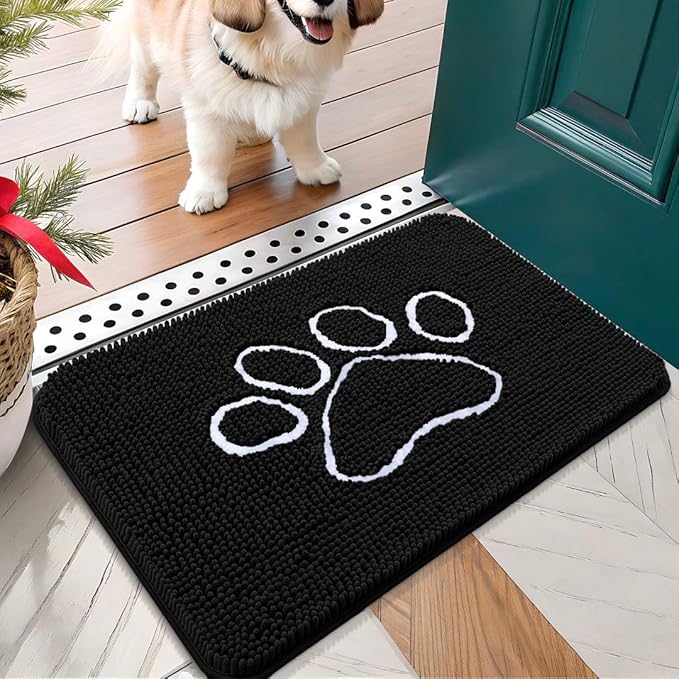 OLANLY Dog Door Mat for Muddy Paws 24x16, Paw Print Design, Absorbs Moisture and Dirt, Absorbent Non-Slip Washable Doormat, Quick Dry Chenille Mud Mat for Dogs, Entry Indoor Entryway Carpet, Black