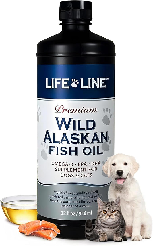 Life Line Pet Nutrition Wild Alaskan Fish Oil for Dogs and Cats 32oz – Omega 3 Fish Oil Supplement for Skin & Coat – Supports Brain, Eye & Heart Health in Dogs & Cats