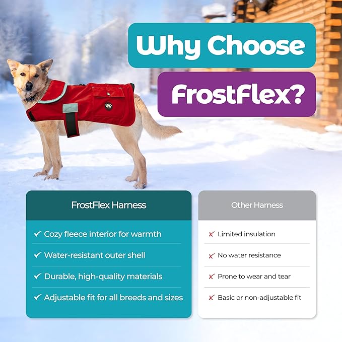 Joyride Harness FrostFlex Dog Winter Jacket - Fleece Lined & Water-Resistant - Snowsuit with Pockets for Treats & Poop Bags - Durable Cold Weather Dog Coat - Red Rush-L