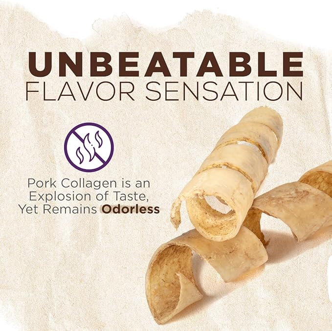 Natural Farm Curly Pork Collagen Sticks (5-6 Inch, 6 Pack), Fully Digestible & Natural Dog Chews, Flavorful & Long Lasting, Best for Small & Medium Chewers, Odor-Free Rawhide Alternative