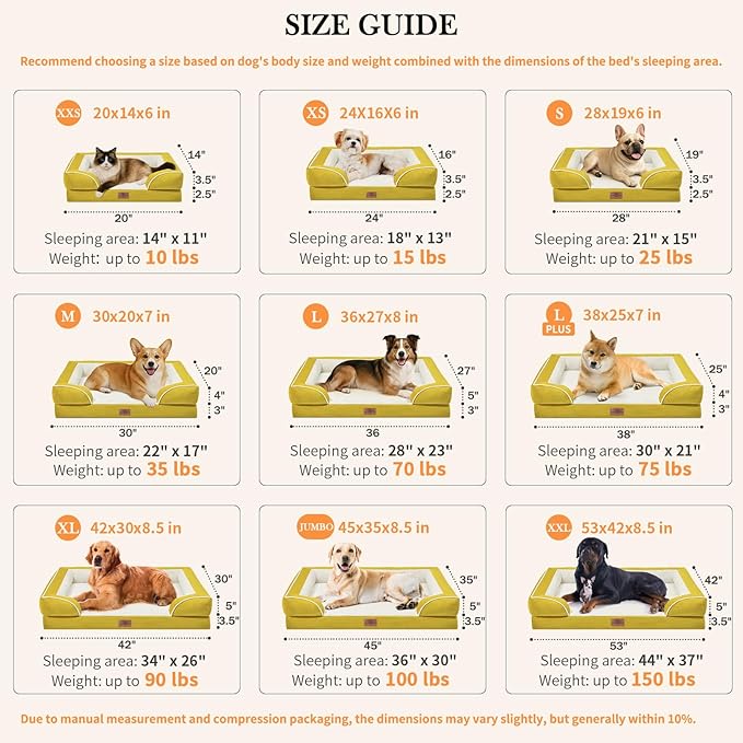 Comfort Expression Orthopedic Dog Bed for Large Dogs 38x25 Inch, Waterproof Egg Crate Foam Large Pet Bed with Removable Bolsters, Dog Couch with Washable Cover & Non-Slip Bottom, Spicy Mustard