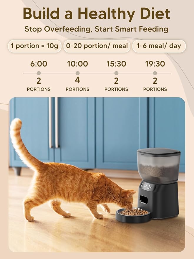 Automatic Cat Feeder and Water Fountain, 4L/16 Cups Timed Cat Dry Food Dispenser, 10s Meal Call, 20 Portions 6 Meals Per Day, 2L Cats Fountains for Drinking with Filter, Pet Feeder for Dog Black
