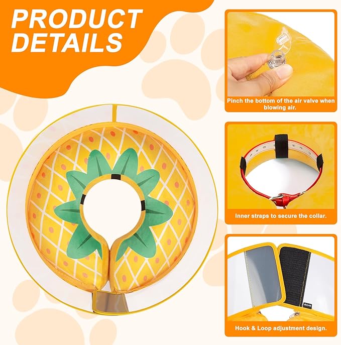 Inflatable Dog Cone Collar for Large Medium Small Dogs, Soft Dog Donut Collar Adjustable Recovery Cone for Pets After Surgery, Extra Enhanced Anti-Licking Guard Shield (Pineapple, Medium Plus)