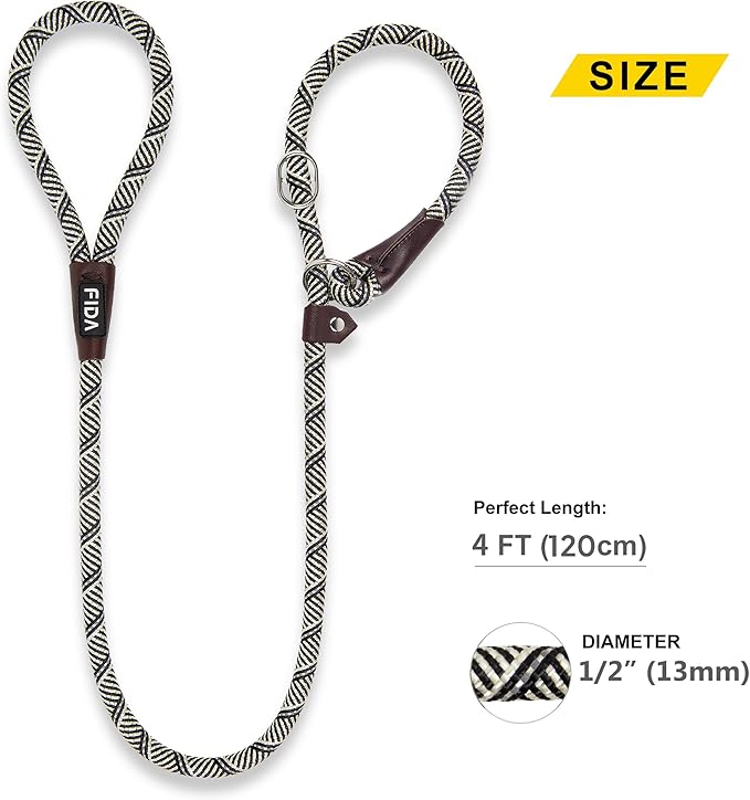 Fida Slip Leads for Dogs - 4 FT x 1/2" Heavy Duty Comfortable Strong Rope Leash for Large, Medium Dogs - No Pull Pet Training Leash with Highly Reflective, Grey
