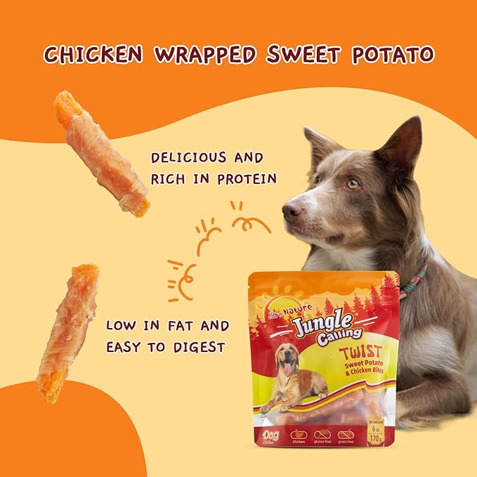 Jungle Calling Dog Treats, Skinless Chicken Wrapped Sweet Potato, Gluten and Grain Free, Chewy Dog Bites for Balanced Nutrition, 6 oz