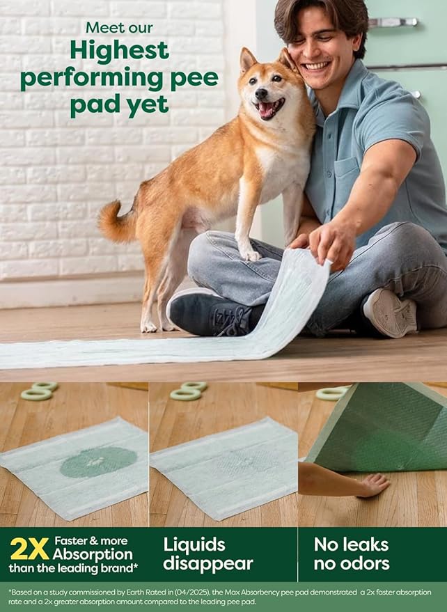 Earth Rated Max Absorbency Puppy Pee Pads for Dogs Absorbs 2X Faster & 2X More, Leak-Proof Odor-Free Potty Training Wee Wee Pad, Unscented, XL, 28” x 34”, 40 Count