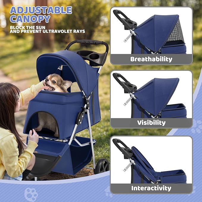 Magshion 3-Wheel Pet Stroller, Foldable Travel Jogger for Small & Medium Dogs & Cats (Up to 33lbs), Lightweight Carrier with Breathable Mesh Cover, Cup Holder & Storage Basket, Navy Blue